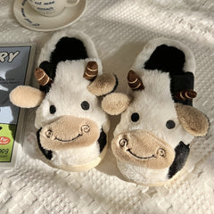 Women's Cartoon Cow Slippers Plush Fuzzy Indoor Slides