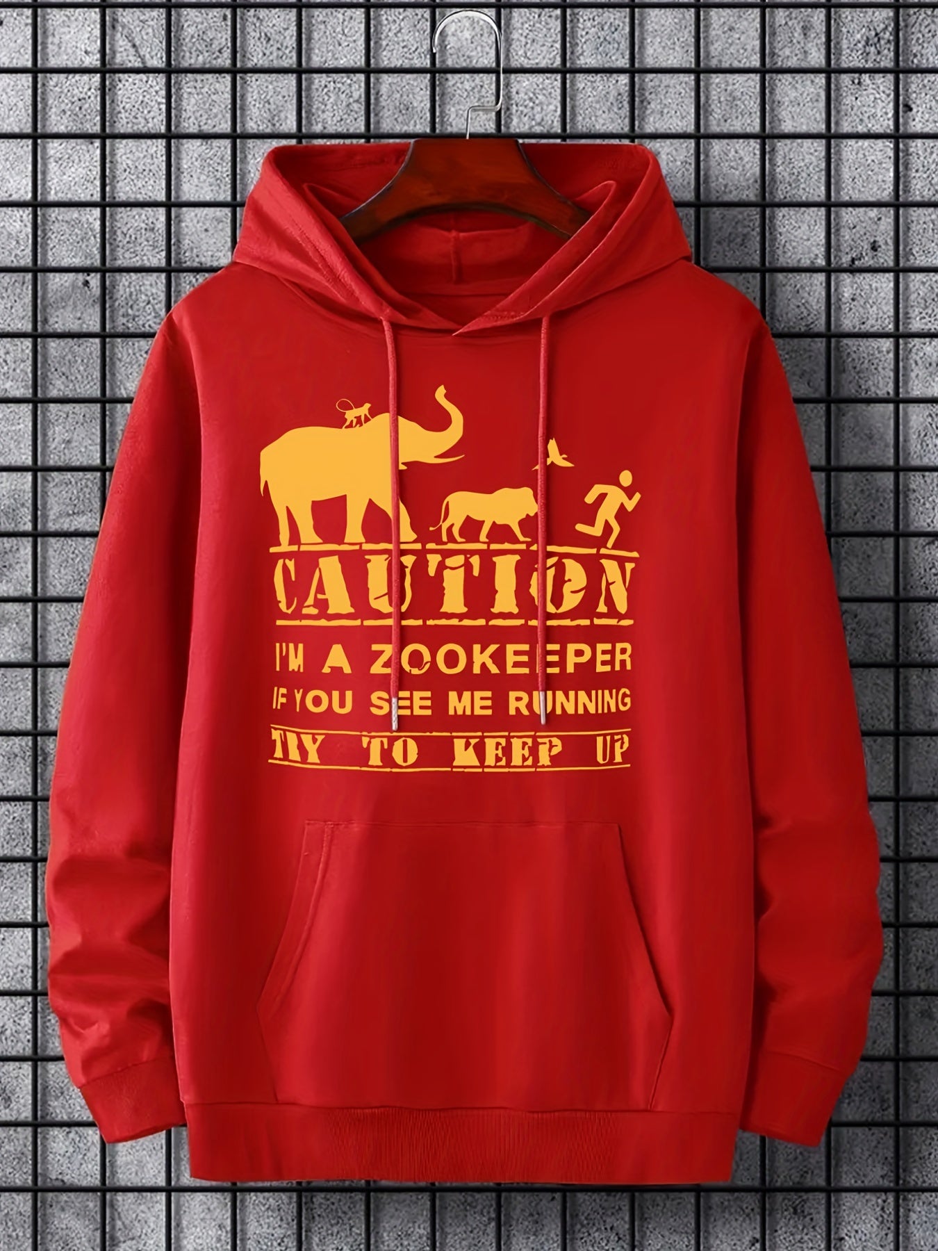 Men's Caution Print Hoodie Casual Stretch Hooded Sweatshirt