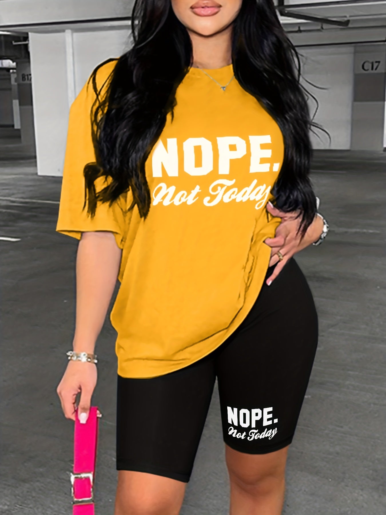 Nope Not Today Print T shirt & Shorts Outfit Women's Clothing