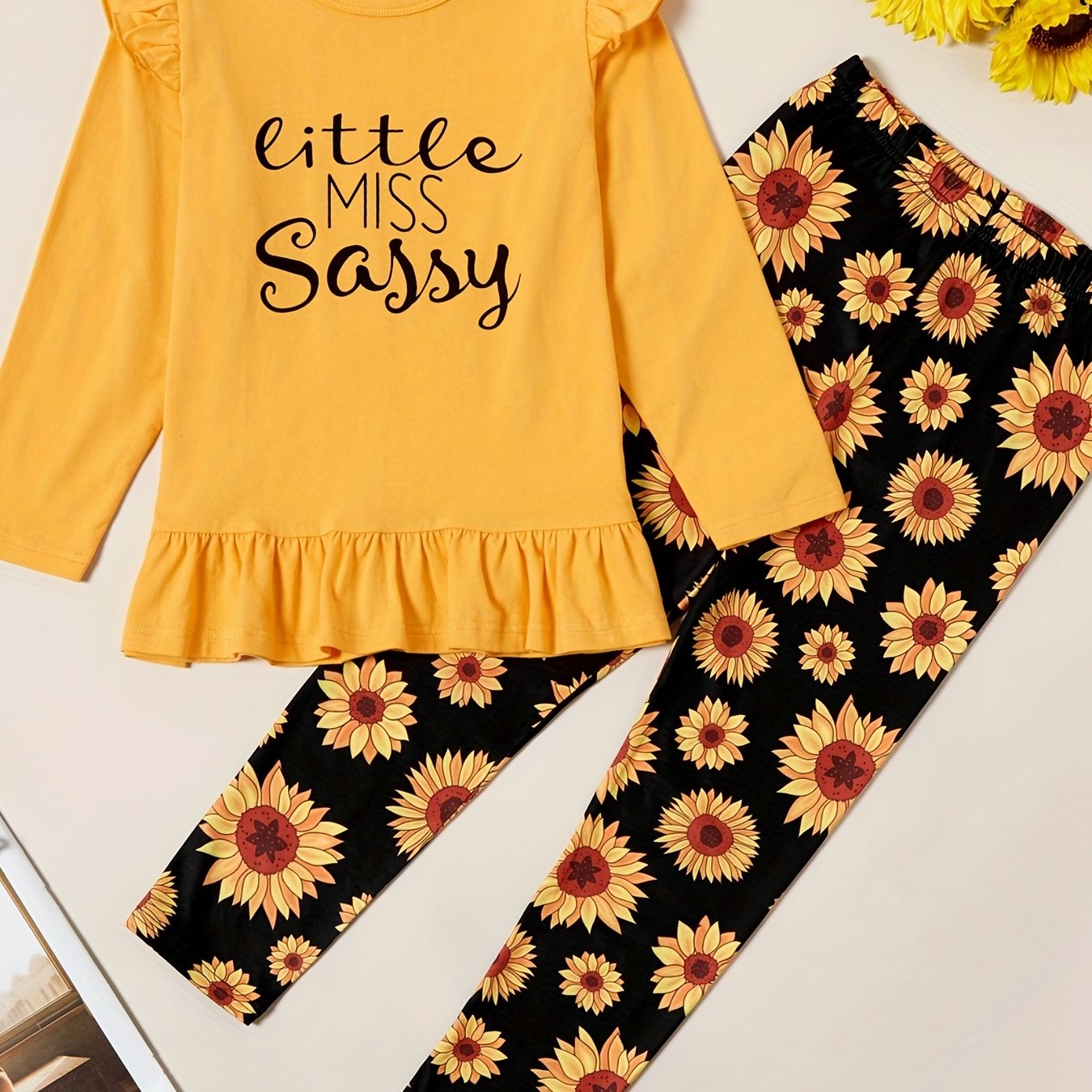 Girls Little Miss Print Top & Sunflower Print Pants Set Ruffle Round Neck 2pcs