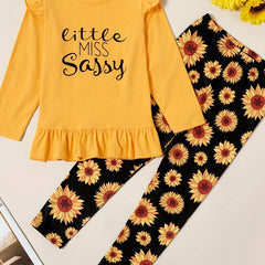 Girls Little Miss Print Top & Sunflower Print Pants Set Ruffle Round Neck 2pcs
