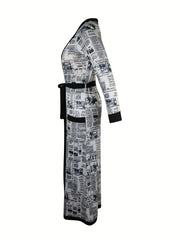 Newspaper Print Long Cardigan & Leggings Set