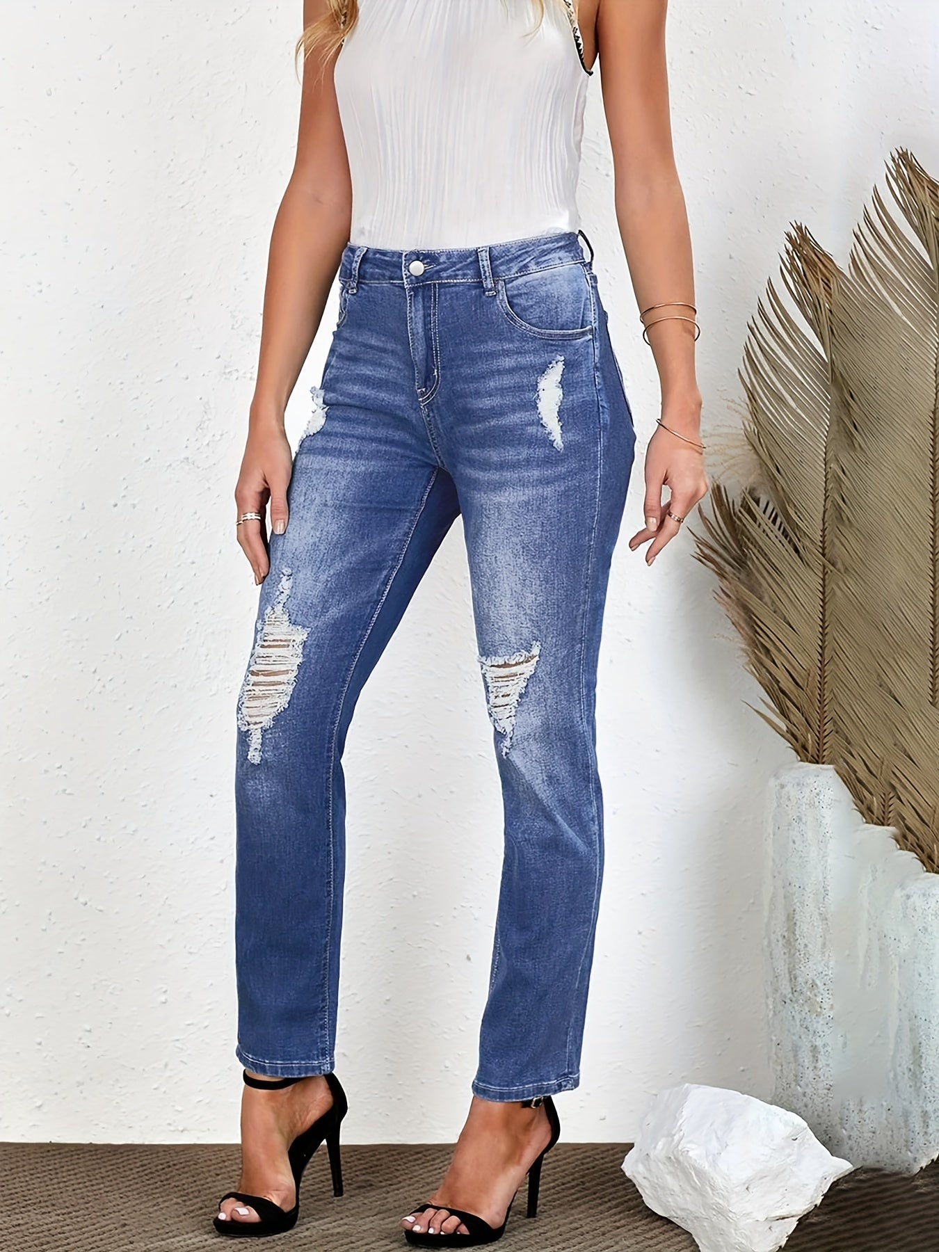 Ripped Button Fly Mid Waisted Skinny High Stretch Jeans