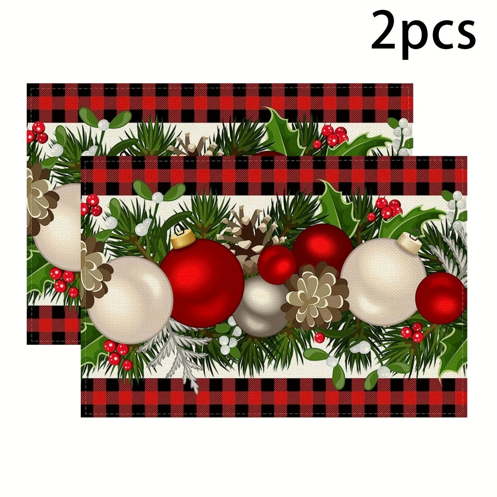 2pcs Christmas Table Decor Polyester Runner & Placemats Red Plaid Pattern Cover