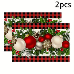 2pcs Christmas Table Decor Polyester Runner & Placemats Red Plaid Pattern Cover