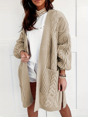 Solid Jacquard Lantern Sleeve Open Front Cardigan