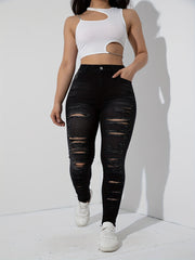 High Stretch Skinny Jeans with Ripped Fringe Trim