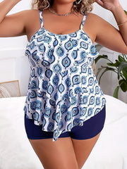 Boho Tankini Set Plus Size Women Paisley Print Ruffle Cami Top & Sho
