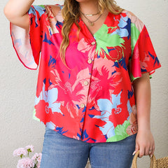 Casual Blouse Women's Plus Contrast Floral Print Half Butterfly Sleeve