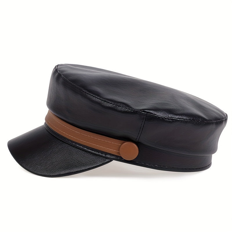 Vintage PU Leather Beret Cap Block Berets Women Punk Octagonal Hats Painter Cap