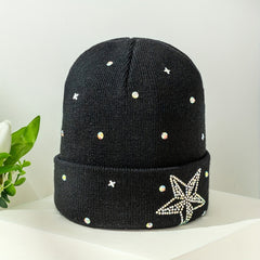 Rhinestone Star Beanie Casual Knit Hat Warm Skull Cap