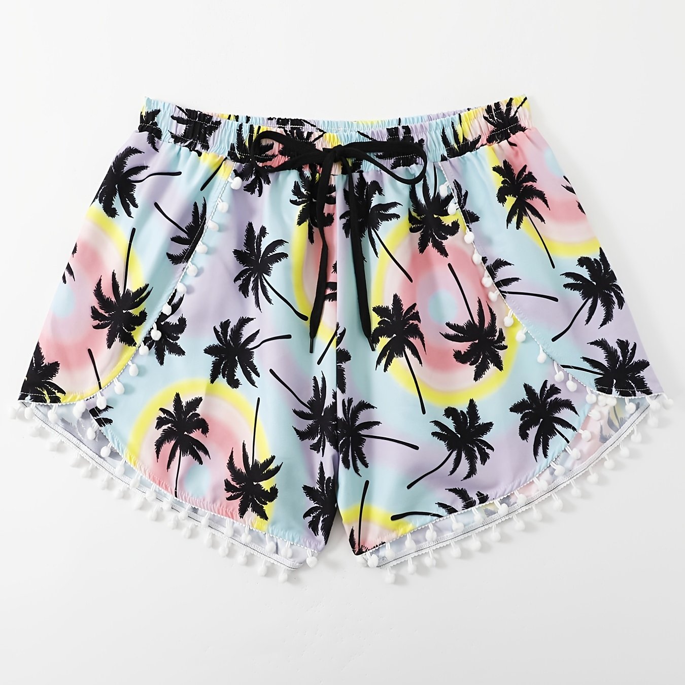 Vacay Shorts Women's Plus Pompom Trim Tree Print Drawstring Shorts