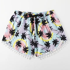Vacay Shorts Women's Plus Pompom Trim Tree Print Drawstring Shorts