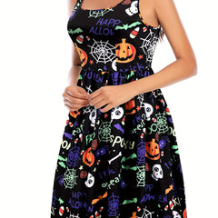 Halloween Casual Dress Women's Plus Pumpkin & Skull Print Tank Dress