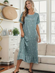 Heart Pattern Striped Nightdress Short Sleeve Ruffle Sleep Dress Women