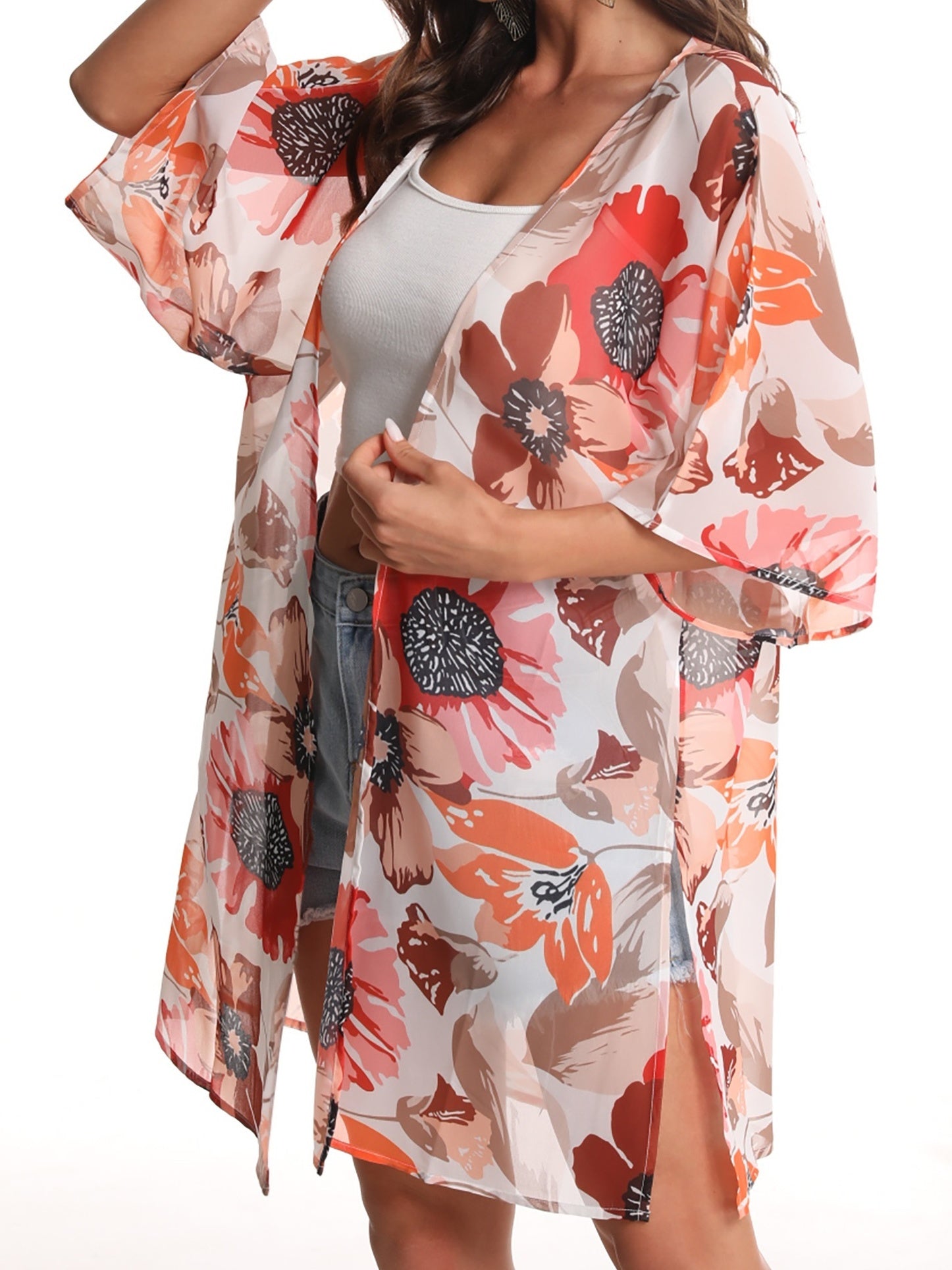 Floral Print Bat Sleeve Cover Up Cardigan