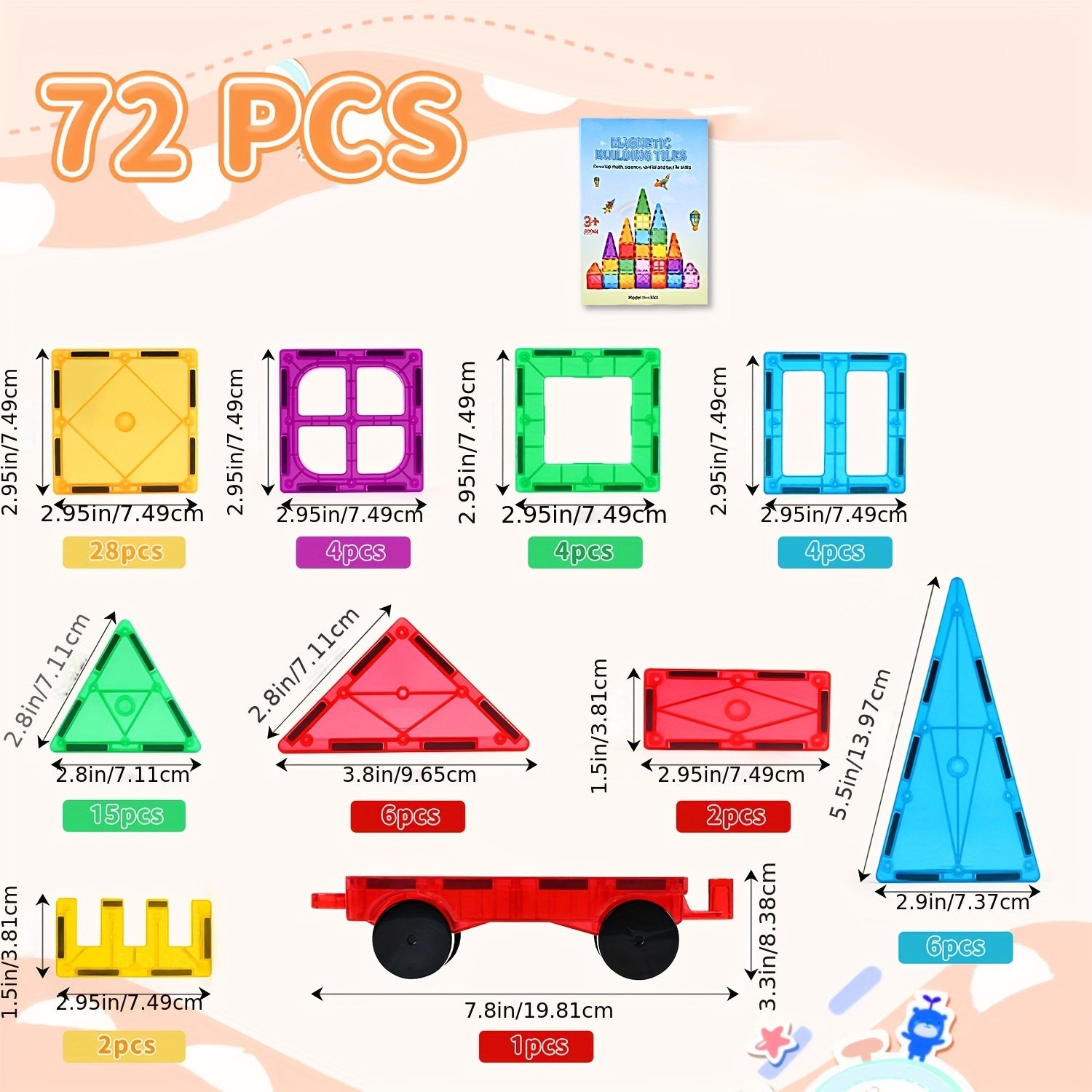 72pcs Magnetic Building Tiles for Kids Educational Stacking Blocks