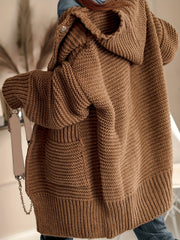 Solid Open Front Hooded Sweater Cardigan With Pockets