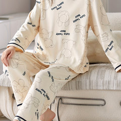 Bear Print Pajama Set Long Sleeve Top & Pants Women's Sleepwear
