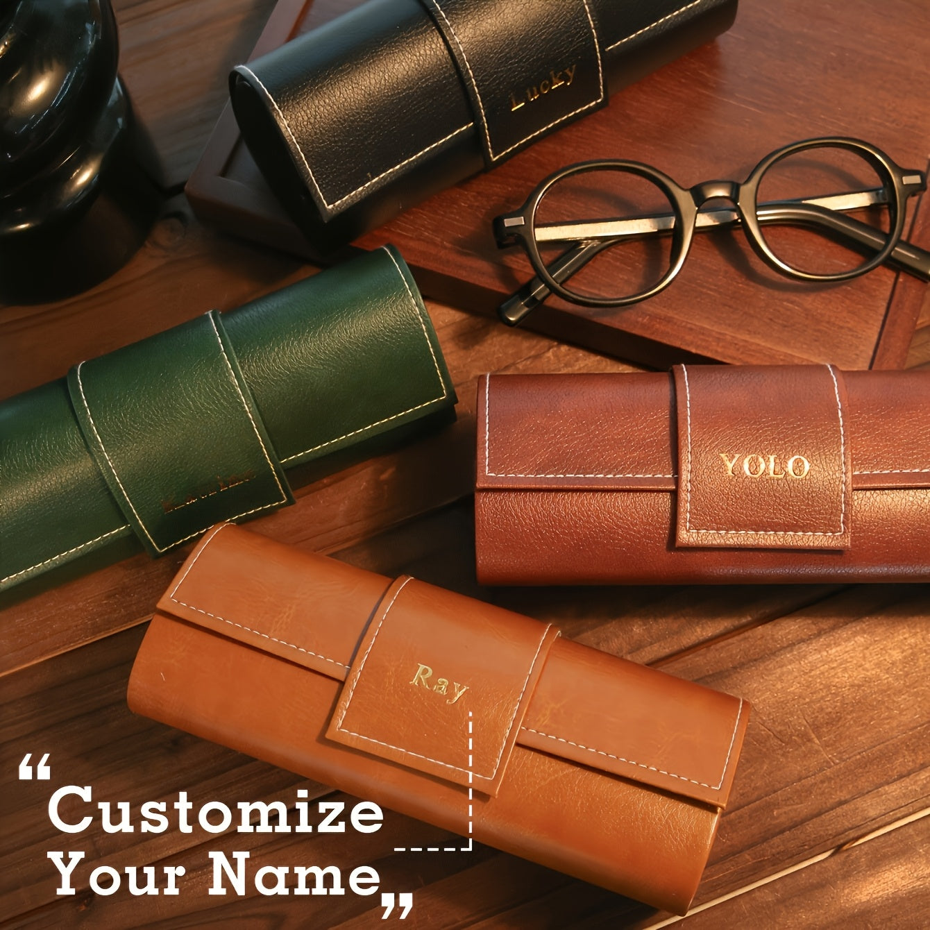 Engraved Vintage Faux Leather Glasses Case