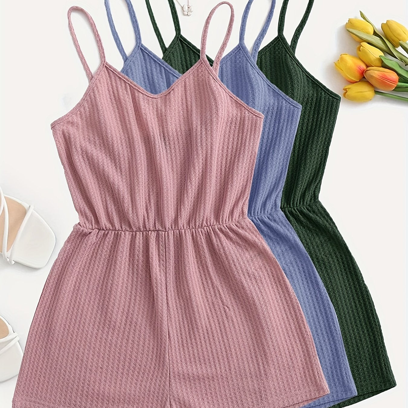 Solid Waffle Romper Jumpsuit 3 Pack V Neck Cami Romper