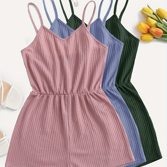 Solid Waffle Romper Jumpsuit 3 Pack V Neck Cami Romper