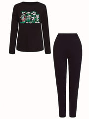 Cartoon Print Long Sleeve Tee & Solid Leggings Set