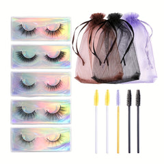5 Pairs Natural Thick False Eyelashes C Curling with Brushes & Bag