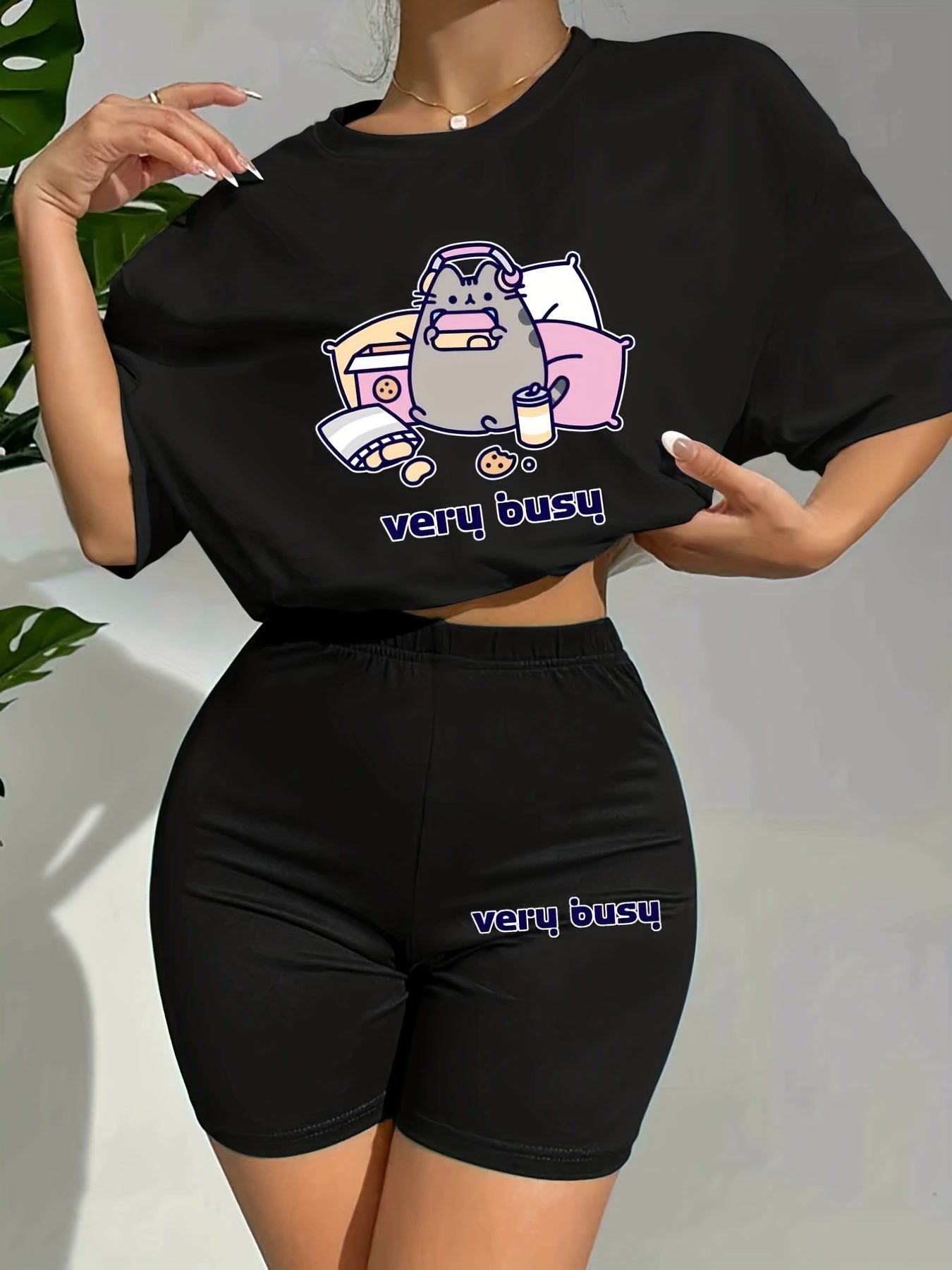 Cartoon Print Lounge Set Short Sleeve Top & Shorts