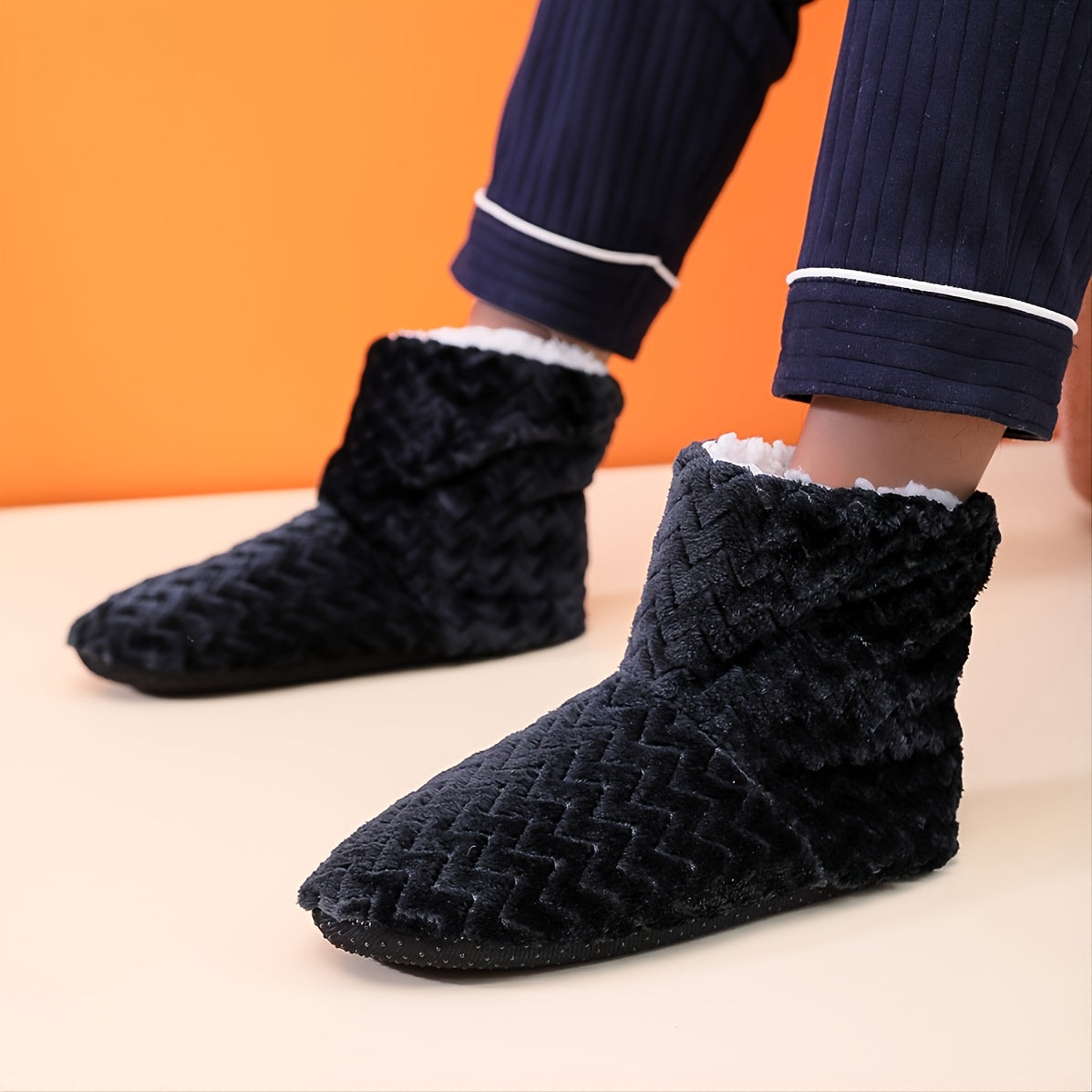 Men's Fleece Home Boots Wave Pattern Indoor Slippers Winter