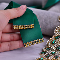 Green Satin Ribbon Belt with Rhinestone and Pearl Embellishments