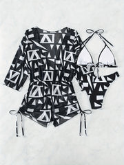 Geometric Print Bikini Sets Halter V-Neck High Cut Drawstring Cover Up Swimsuit