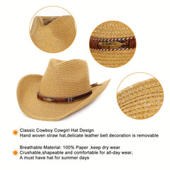 Khaki Sunshade Cowboy Hat for Outdoor Beach Travel