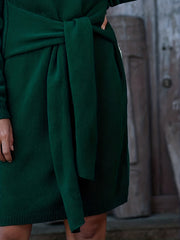 V-Neck Sweater Dress with Belt
