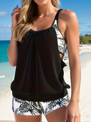 Leaf Print Casual Tankini Sets High Stretch Boxer Short Bottom