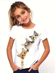 Girls Kitty Graphic Crew Neck T-shirt for Sports Summer