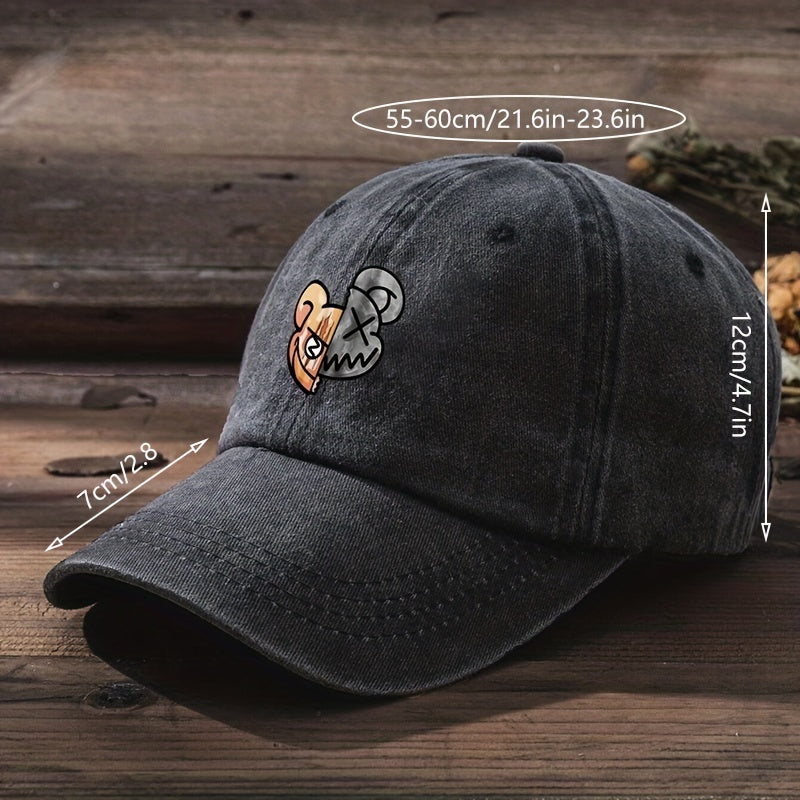 Split Bear Print Baseball Cap Vintage Washed Distressed Cartoon Dad Hats