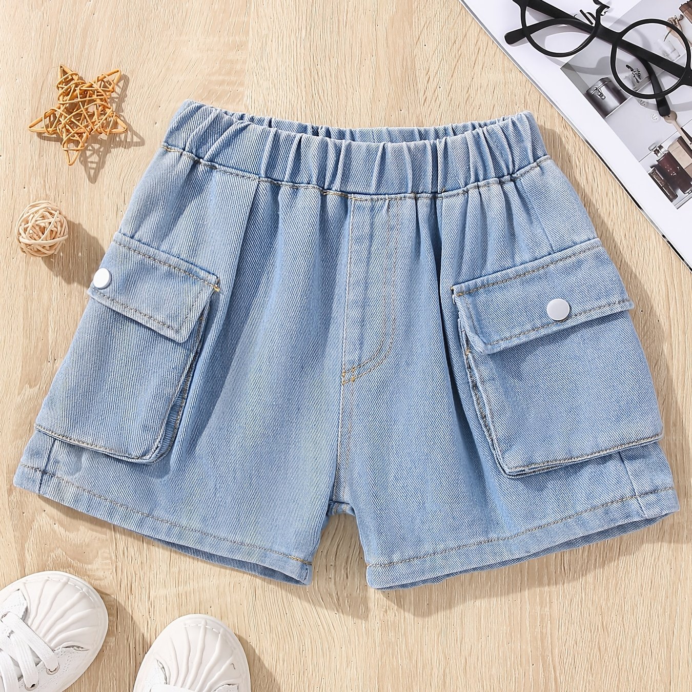 Girls Casual Elastic Waist Denim Shorts with Pockets