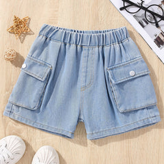 Girls Casual Elastic Waist Denim Shorts with Pockets