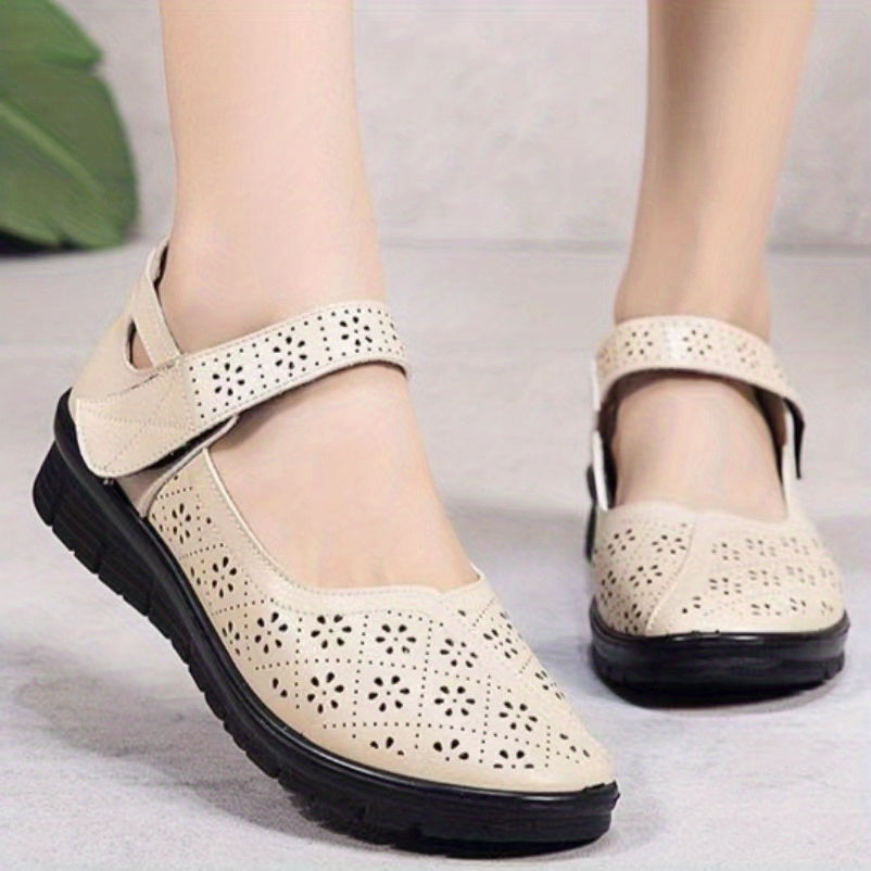 Women's Hollow Out Flat Shoes Breathable Hook & Loop Strap Walking Shoes