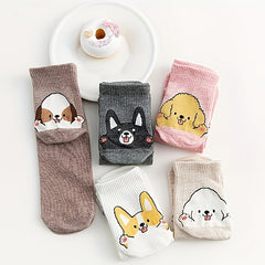 5 Pairs Cartoon Dog Print Socks Women's Stockings & Hosiery