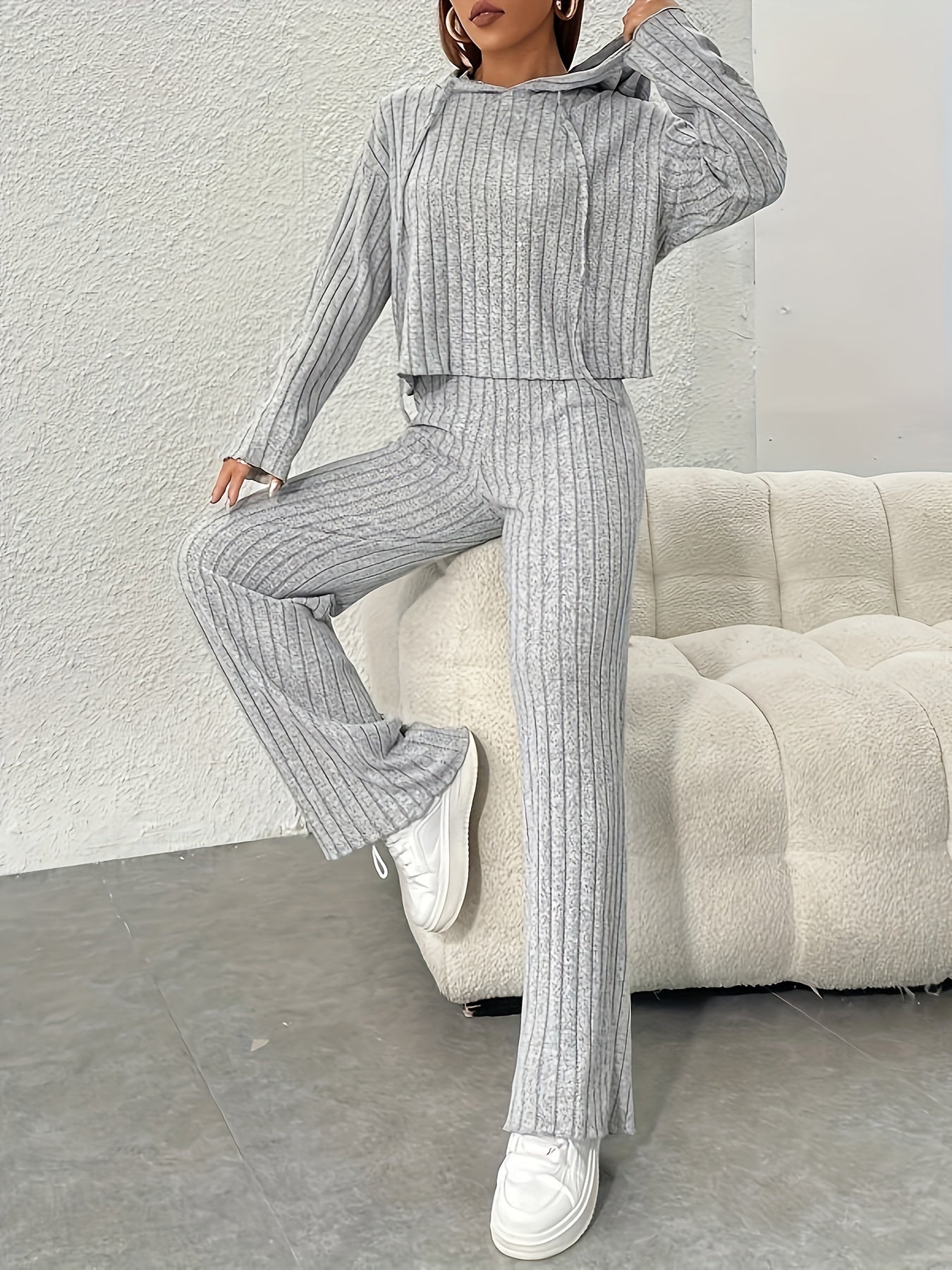Solid Long Sleeve Ribbed Knit Lounge Set