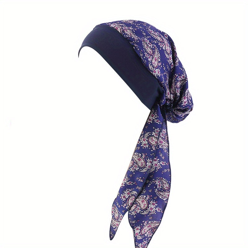 Flower Chain Print Bonnet Long Hair Lace Up Head Scarf Boho Elastic Silk Bonnet