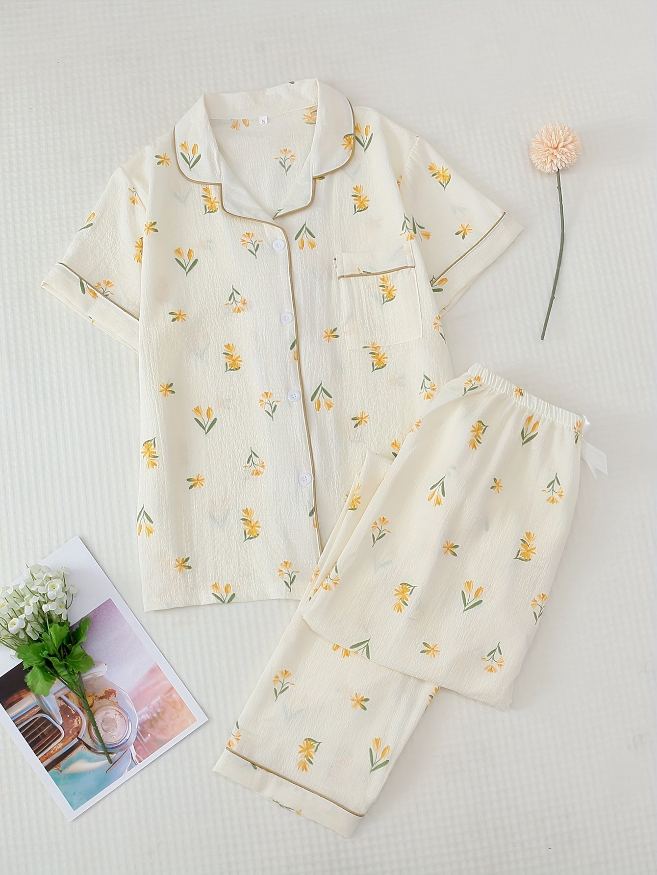 Floral Print Pajama Set Short Sleeve Top & Elastic Waistband Pants