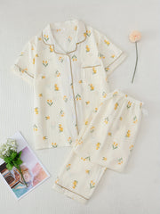 Floral Print Pajama Set Short Sleeve Top & Elastic Waistband Pants