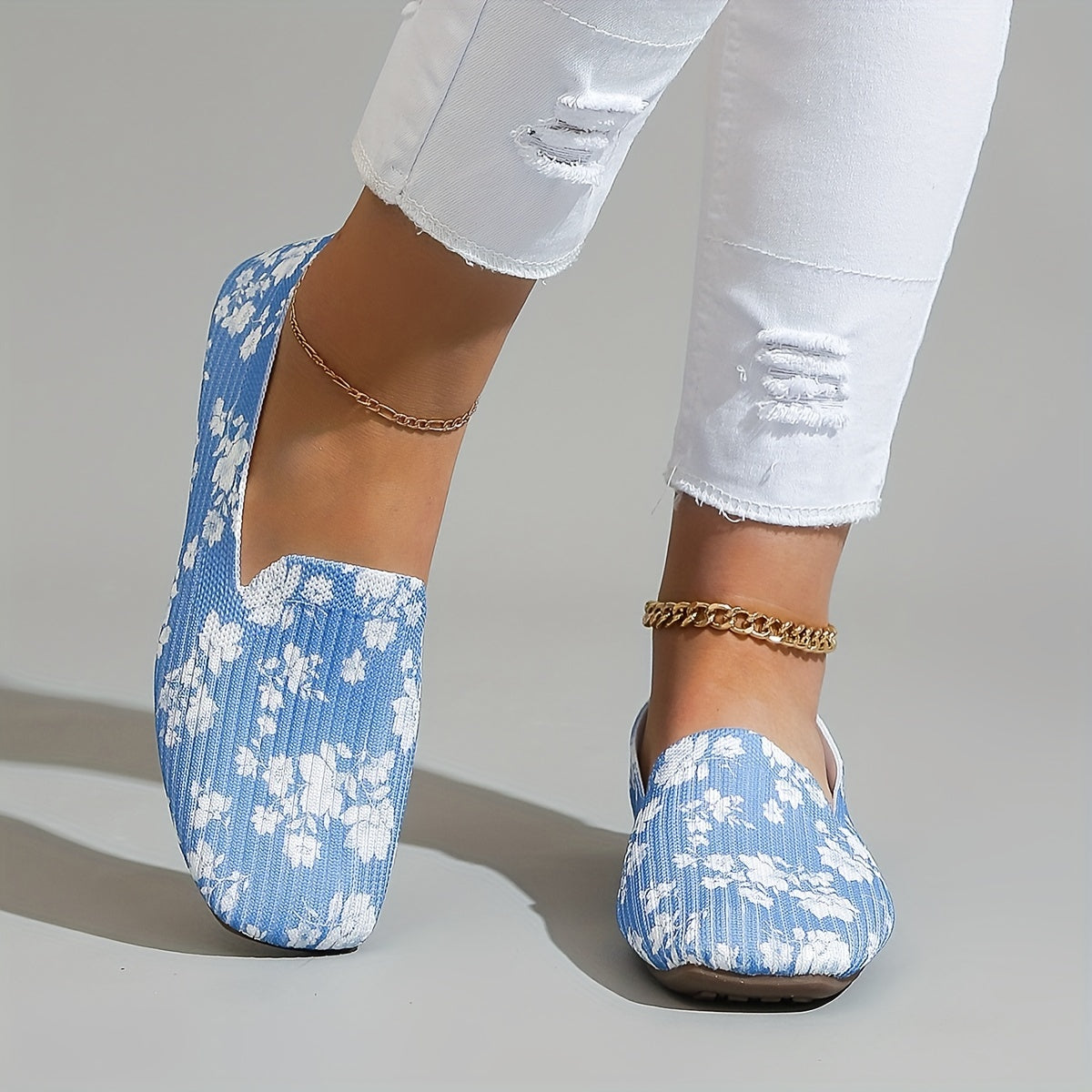 Women's Floral Print Flat Shoes Breathable Flying Woven Square Toe Shoes