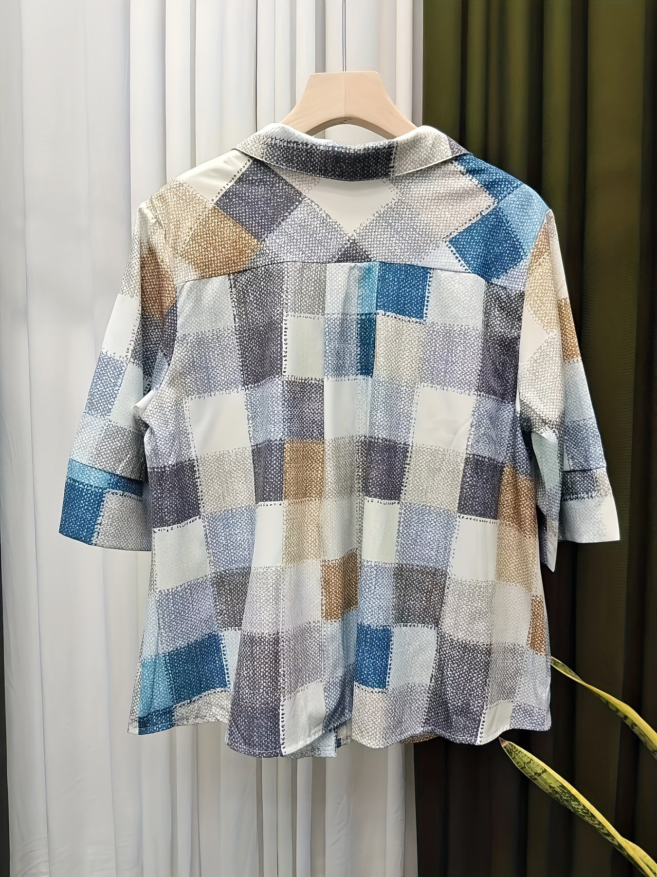 Colorblock Denim Print Button Up Blouse