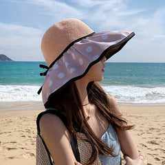 Polka Dot Bow Sun Hat Wide Brim UV Protection Bucket Hat