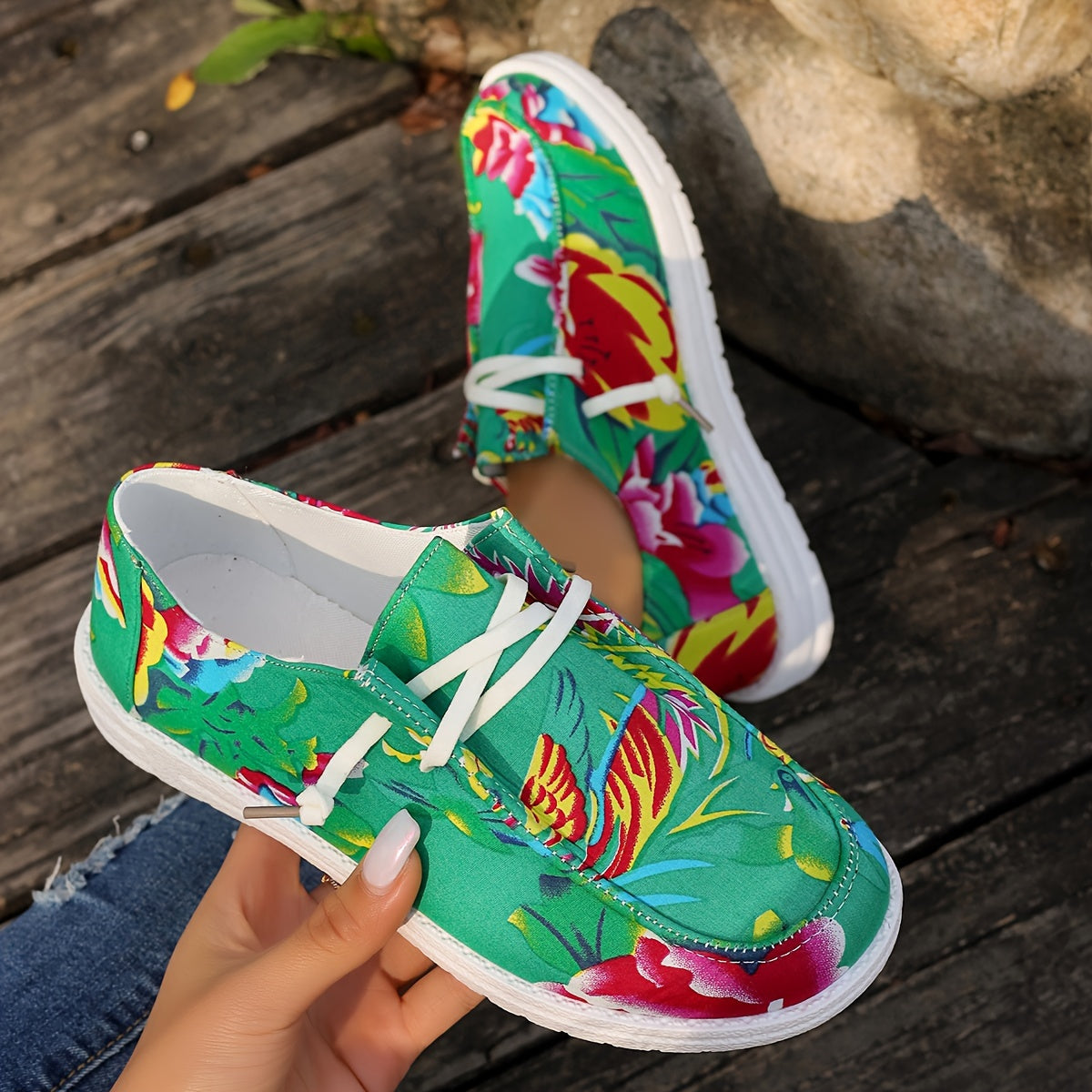 Chinese Style Flower Pattern Boat Shoes Canvas Low Flats