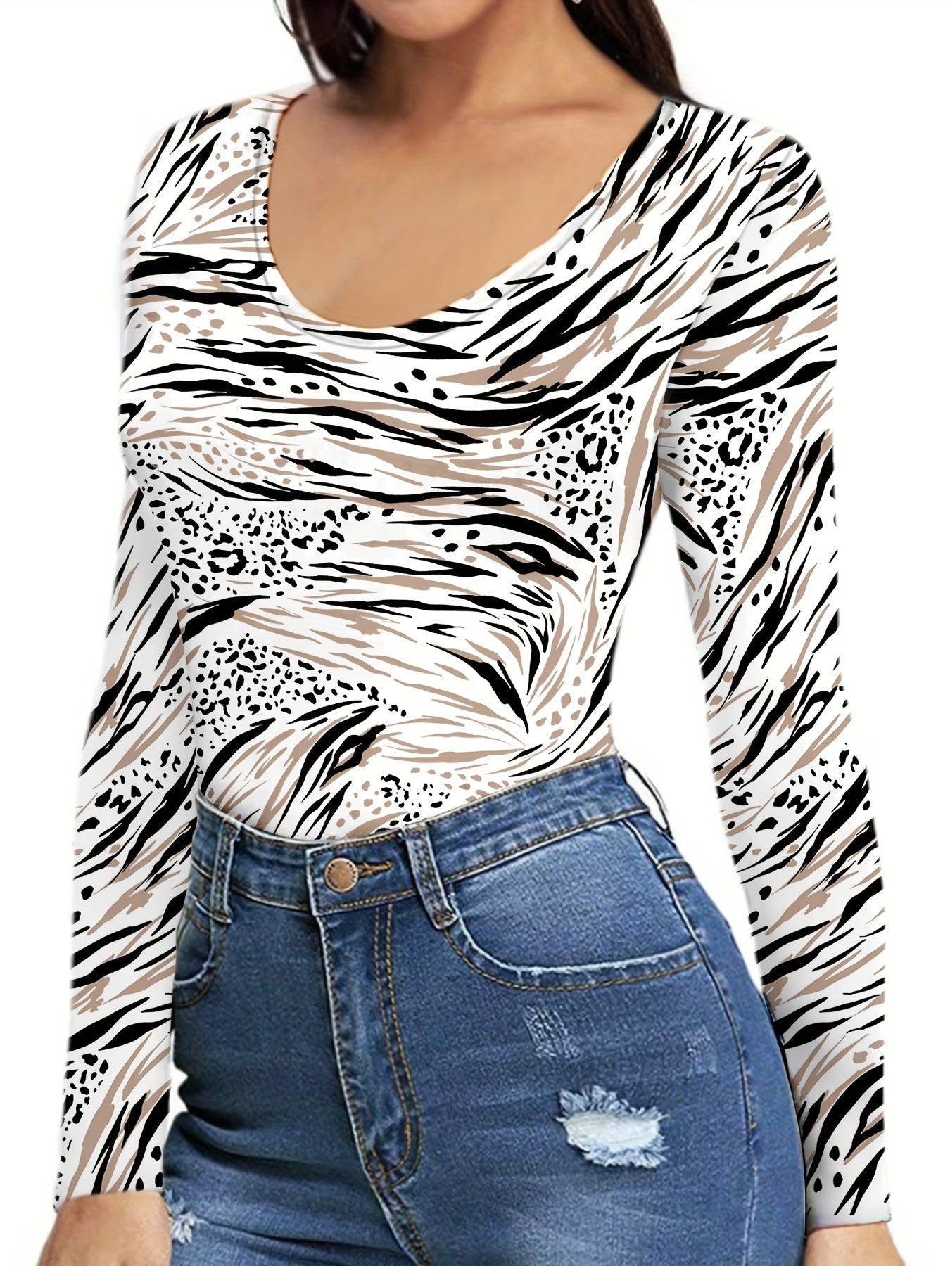 Women's Allover Print Crew Neck Bodysuit Long Sleeve